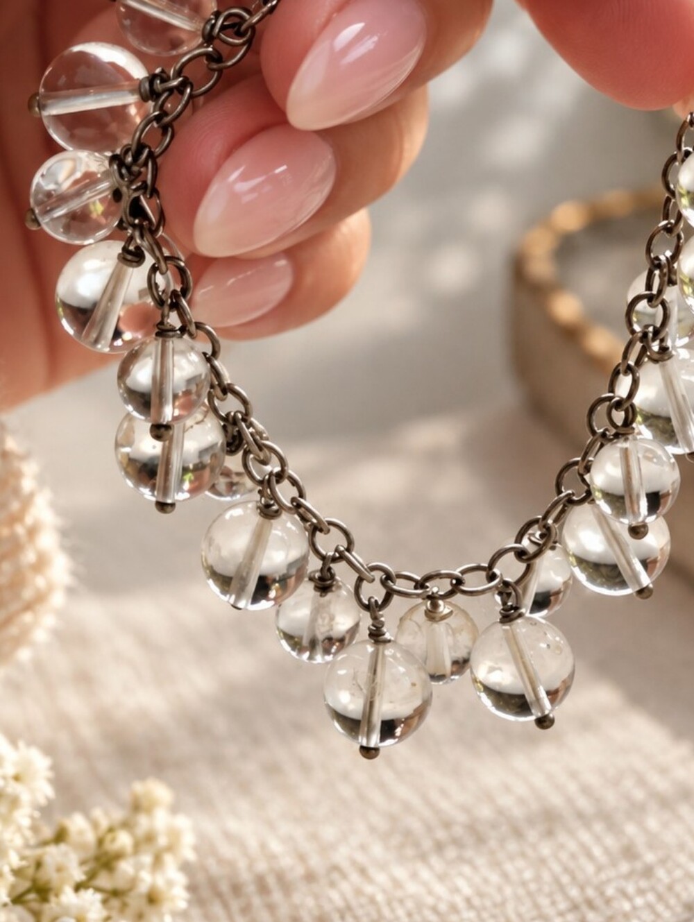 ✨ Sterling Silver 925 Clear Crystal Quartz Dangle Ball Charm Bracelet